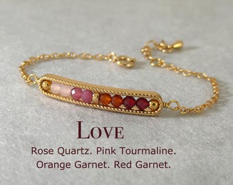 Dainty Love-Themed Bracelet, 3mm Crystal, Rose Quartz, Pink Tourmaline, Orange Garnet, Red Garnet, Personal Growth and Positive,Gift For Her