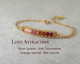 Bracelet sur le thème Dainty Love Attraction, cristal 3 mm, quartz rose, tourmaline rose, grenat orange, grenat rouge, croissance personnelle et positif