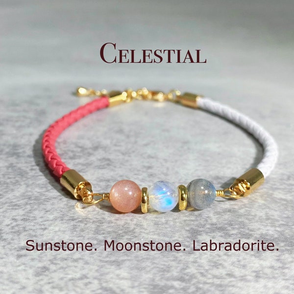 Celestial Galaxy Bracelet, Labradorite, Moonstone, Sunstone Bracelet, Handmade Jewelry, 6mm Gems Beads Necklace, Birthday Gift For Her#LMS05