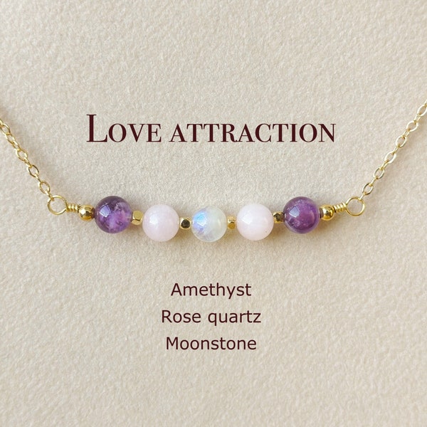 Love and Relationship Necklace, Necklace for Women, Rose Quartz Jewelry, Love Crystal, Moonstone, Amethyst, 6mm #LA03