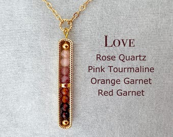 Delicate Love Themed Necklace, Genuine Crystal, Rose Quartz, Pink Tourmaline, Orange Garnet, Red Garnet, Personal Growth, Gift For Her