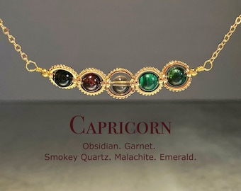 Capricorn Crystal Necklace, Handmade Zodiac Necklace, Garnet, Obsidian, Smoky Quartz, Malachite, Emerald, Natural Astrology Jewelry Gift