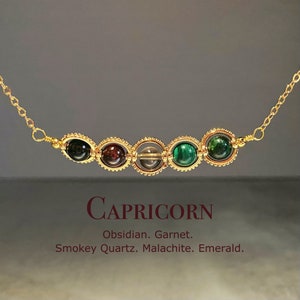 Capricorn Crystal Necklace, Handmade Zodiac Necklace, Garnet, Obsidian, Smoky Quartz, Malachite, Emerald, Natural Astrology Jewelry Gift