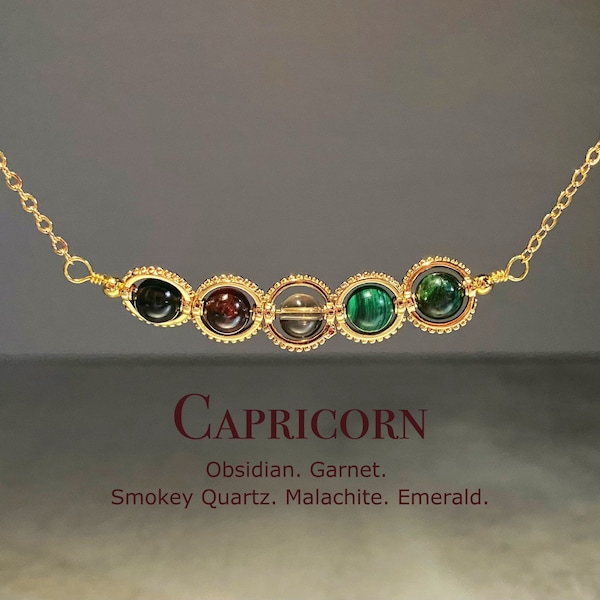 Steinbock Kristall Halskette, handgemachte Sternzeichen Halskette, Granat, Obsidian, Rauchquarz, Malachit, Smaragd, natürliche Astrologie Schmuck Geschenk