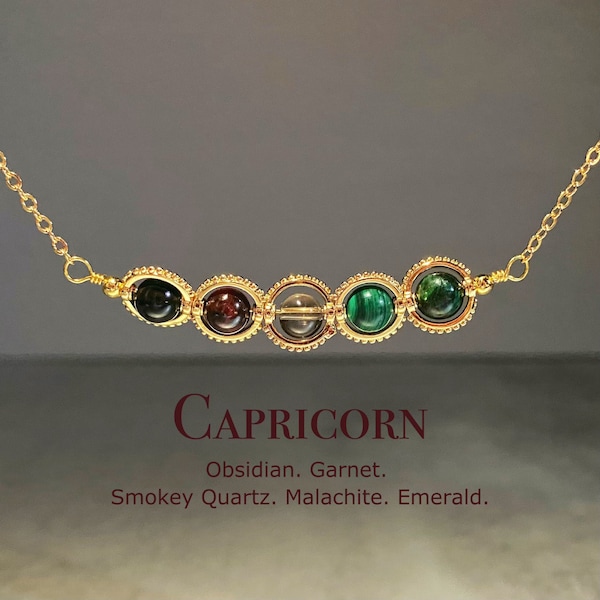 Capricorn Crystal Necklace, Handmade Zodiac Necklace, Garnet, Obsidian, Smoky Quartz, Malachite, Emerald, Natural Astrology Jewelry Gift