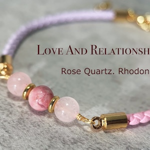 Love Themed Bracelet, Rose Quartz, Rhodonite, Braided Leather Cord, Gemstone Bracelet, Personal Growth, New Beginnings, Gift For Bestie