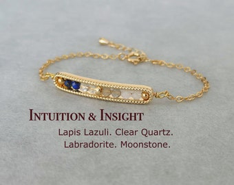 Dainty Reiki Infused Bracelet, Sixth Sense, Psychic Power Intention, 3mm Crystal, Lapis Lazuli, Clear Quartz, Labradorite, Moonstone