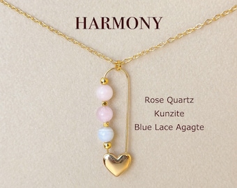 Dainty Heart Harmony Necklace, Safety Pin, Rose Quartz, Kunzite, Blue Lace Agate, Healing Purple Crystal Beads, Gift For Wife