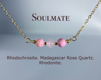 Soulmate Necklace - Rhodochrosite, Madagascar Rose Quartz, Rhodonite - Love and Harmony Crystal Necklace, Valentine's Day Gift, Bestie Gift