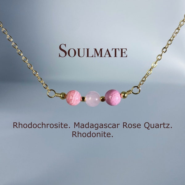 Collier âme sœur - Rhodochrosite, quartz rose de Madagascar, rhodonite - Collier en cristal amour et harmonie, cadeau de la Saint-Valentin, cadeau Bestie