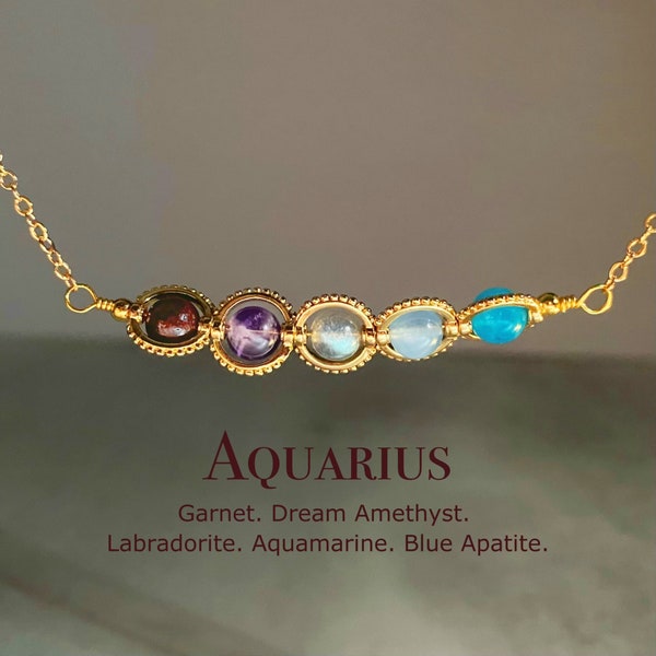 Aquarius Crystal Necklace, Handmade Zodiac Necklace, Garnet, Amethyst, Labradorite, Aquamarine, Blue Apatite, Natural Astrology Jewelry Gift
