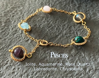 Handmade Pisces Crystal Bracelet, Zodiac Gemstones, Iolite, Aquamarine, Rose Quartz, Labradorite, Chrysocolla,Natural Astrology Sign Jewelry