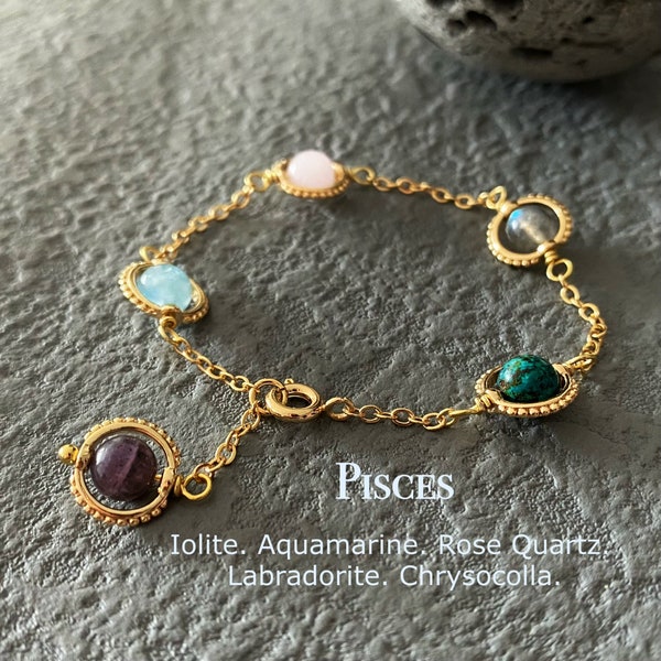 Bracelet fait main en cristal Poissons, pierres précieuses du zodiaque, iolite, aigue-marine, quartz rose, labradorite, chrysocolle, bijoux signe astrologique naturel