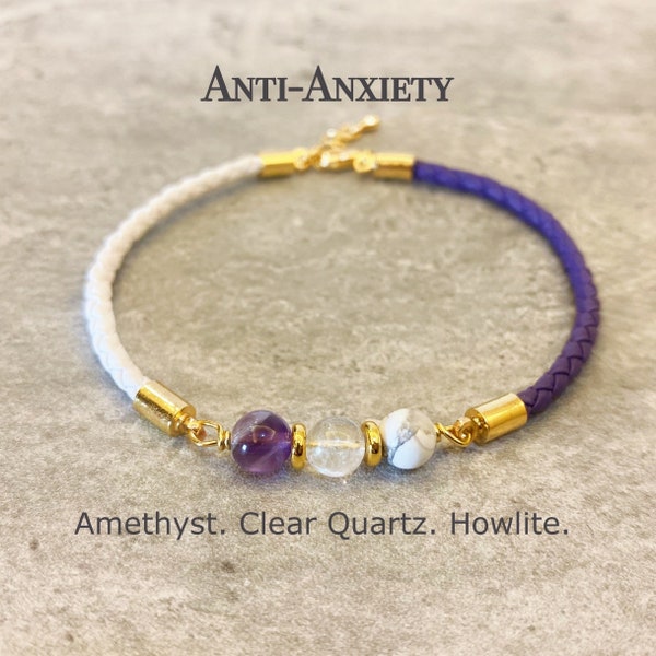 Anxiety Bracelet, Howlite, Clear Quartz, Dream Amethyst, Braided Leather Cord, Handmade Gift For Her-BAA01