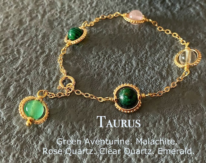 Taurus Crystal Bracelet, Handmade Zodiac Gemstones,Green Aventurine,Malachite,Rose QuartzClear Quartz,Emerald,Natural Astrology Sign Jewelry