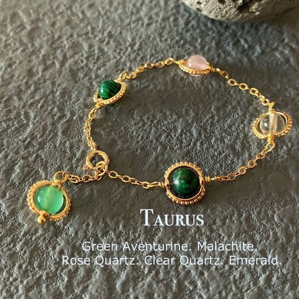 Taurus Crystal Bracelet, Handmade Zodiac Gemstones,Green Aventurine,Malachite,Rose QuartzClear Quartz,Emerald,Natural Astrology Sign Jewelry