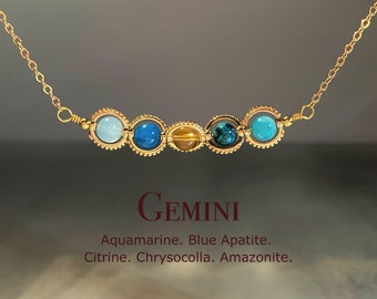 Collana di cristallo Gemelli, Collana zodiacale fatta a mano, Acquamarina, Citrino, Amazzonite, Crisocolla, Apatite Blu, Regalo di gioielli astrologici naturali