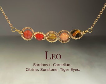 Handmade Leo Crystal Necklace, Zodiac Choker, Carnelian, Sunstone, Tiger Eye, Sardonyx, Citrine, Natural Astrology Sign Jewelry, Birthday