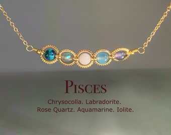 Handmade Pisces Crystal Necklace, Zodiac Sign Choker, Chrysocolla, Rose Quartz, Labradorite, Aquamarine, Iolite, Astrology Gift For Mum