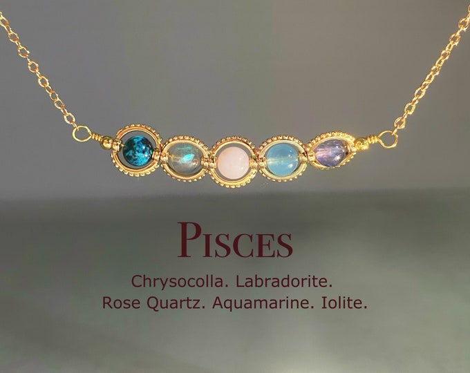 Handgemachte Pisces Kristallhalskette, Sternzeichen Choker, Chrysokoll, Rosenquarz, Labradorit, Aquamarin, Iolith, Astrologie Geschenk für Mama