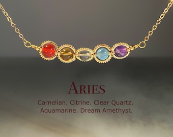 Handmade Aries Crystal Necklace, Zodiac Choker, Carnelian, Citrine, Clear Quartz, Aquamarine, Amethyst, Natural Astrology Sign Jewelry Gift