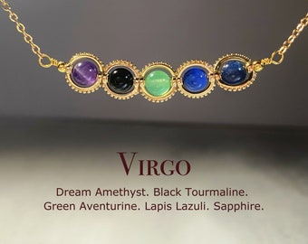 Virgo Crystal Necklace, Handmade Zodiac Necklace, Sapphire, Lapis Lazuli, Green Aventurine, Black Tourmaline,Amethyst,Natural Astrology Gift