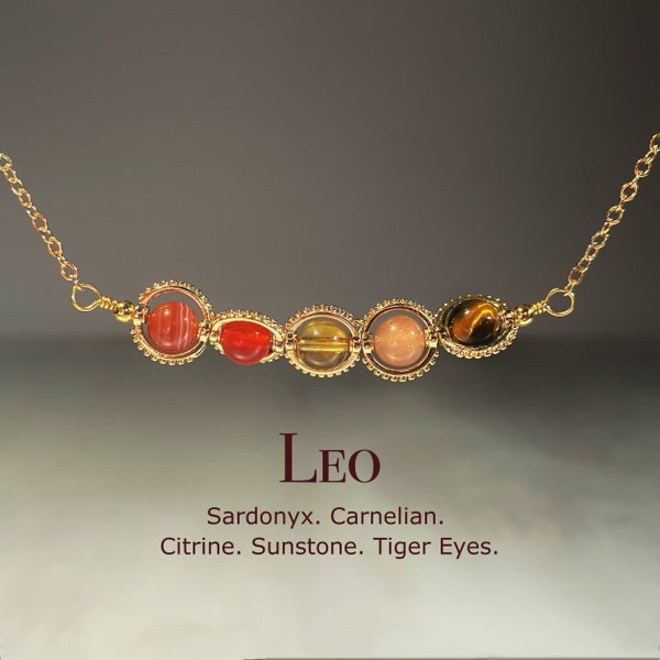 Handmade Leo Crystal Necklace, Zodiac Choker, Carnelian, Sunstone, Tiger Eye, Sardonyx, Citrine, Natural Astrology Sign Jewelry, Birthday