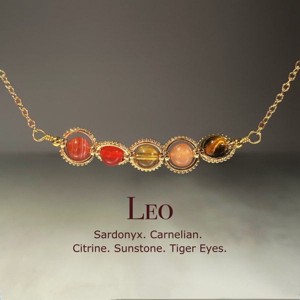 Collar de cristal Leo hecho a mano, gargantilla del zodíaco, cornalina, piedra solar, ojo de tigre, sardónice, citrino, joyería de signo astrológico natural, cumpleaños