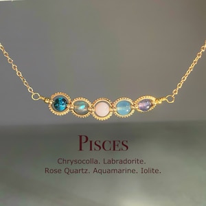 Handmade Pisces Crystal Necklace, Zodiac Sign Choker, Chrysocolla, Rose Quartz, Labradorite, Aquamarine, Iolite, Astrology Gift For Mum