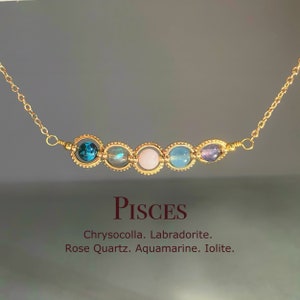 Ręcznie robiony naszyjnik z kryształu Ryby, choker ze znakiem zodiaku, chryzokola, kwarc różowy, labradoryt, akwamaryn, iolit, prezent astrologiczny dla mamy