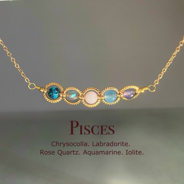 Handmade Pisces Crystal Necklace, Zodiac Sign Choker, Chrysocolla, Rose Quartz, Labradorite, Aquamarine, Iolite, Astrology Gift For Mum