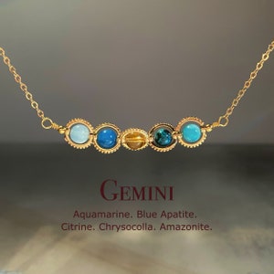 Gemini Crystal Necklace, Handmade Zodiac Necklace, Aquamarine, Citrine, Amazonit, Chrysocolla, Blue Apatite, Natural Astrology Jewelry Gift