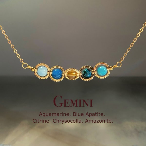 Gemini Crystal Necklace, Handmade Zodiac Necklace, Aquamarine, Citrine, Amazonit, Chrysocolla, Blue Apatite, Natural Astrology Jewelry Gift