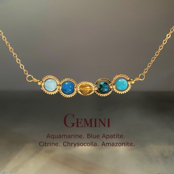 Gemini Kristallhalskette, handgemachte Sternzeichen-Halskette, Aquamarin, Citrin, Amazonit, Chrysokoll, blauer Apatit, natürliches Astrologie Schmuck Geschenk