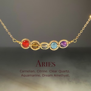 Handmade Aries Crystal Necklace, Zodiac Choker, Carnelian, Citrine, Clear Quartz, Aquamarine, Amethyst, Natural Astrology Sign Jewelry Gift