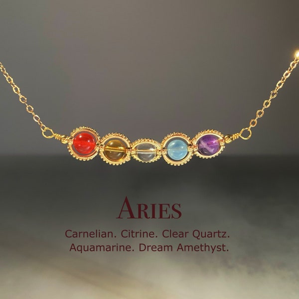 Handmade Aries Crystal Necklace, Zodiac Choker, Carnelian, Citrine, Clear Quartz, Aquamarine, Amethyst, Natural Astrology Sign Jewelry Gift