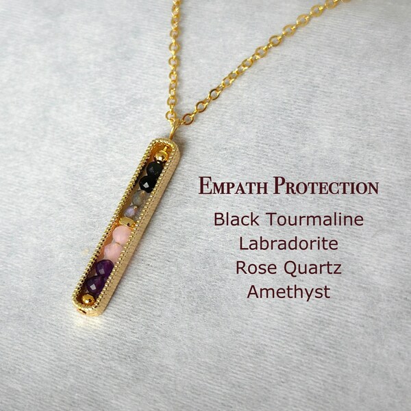 Dainty Empath Protection Necklace, Healing Crystal Protection Pendant, Black Tourmaline, Rose Quartz, Amethyst, Labradorite,  Energy Protect