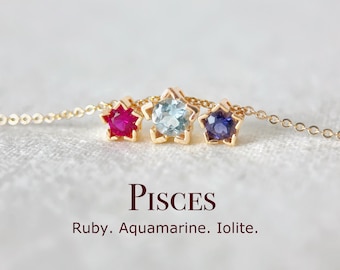 Pisces Tiny Star Necklace, Celestial Star Charm With Real Gemstone, Ruby, Aquamarine, Iolite, Aurora Crystal  Necklace For Astrology Lover