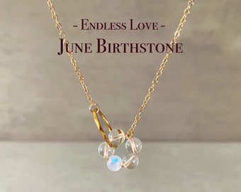 Handmade June Birthstone Crystal Necklace For Woman, Rainbow Moonstone Gemstone, Mobius Ring Pendant Jewelry, Dainty Birthday Gift For Her