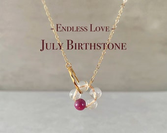 Handmade July Birthstone Crystal Necklace For Woman, Ruby Gemstone, Circle Ring Pendant Jewelry, Dainty Birthday Gift For Her, Bridesmaid