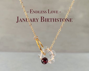Handmade January Birthstone Crystal Necklace For Woman, Garnet Gemstone, Circle Ring Pendant Jewelry, Dainty Anniversary Gift For Wife