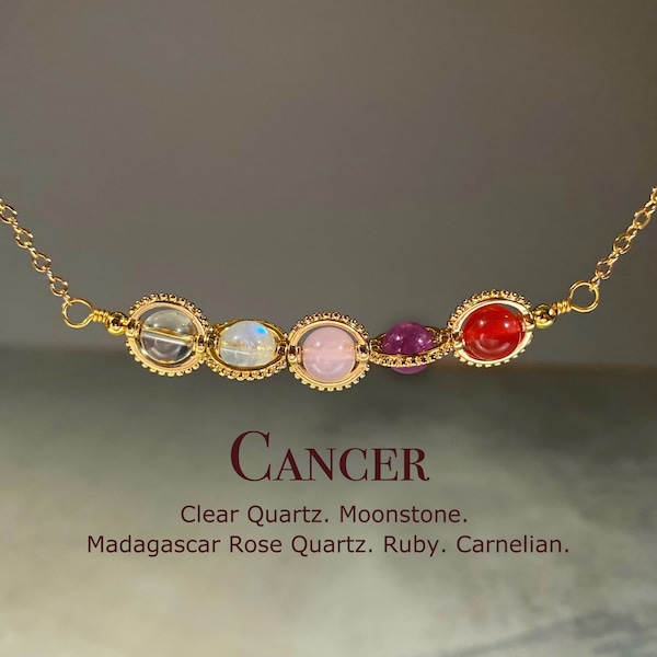 Handmade Cancer Crystal Necklace, Zodiac Choker, Carnelian, Ruby, Moonstone, Rose Quartz, Clear Quartz, Natural Astrology Sign Jewelry Gift