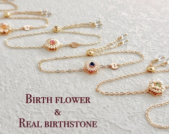 Dainty Birth Flower Bracelet With Real Birthstone, Custom Initial Birthday Gift, Fidget Spinner Birthflowers, Christmas Gift For Daughter
