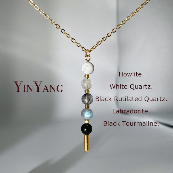 Mindfulness Necklace, Yin Yang, Genuine Crystal, Dainty Safety Pin, Spiritual Gift For Her, 18K Gold Filled Jewelry, Zen Necklace#YY03