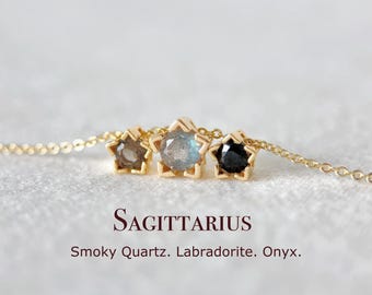 Sagittarius Star Necklace, Celestial Tiny Star Pendant, Smoky Quartz, Labradorite, Onyx, Real Gemstone Crystal Zodiac Jewelry Gift For Women