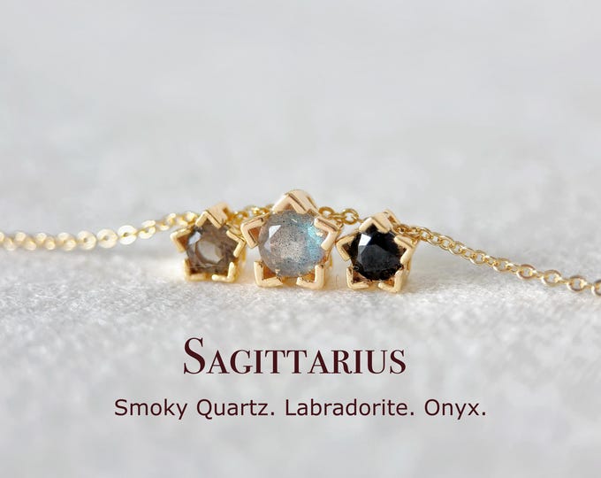 Sagittarius Star Necklace, Celestial Tiny Star Pendant, Smoky Quartz, Labradorite, Onyx, Real Gemstone Crystal Zodiac Jewelry Gift For Women