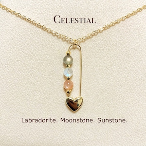 Labradorite, Moonstone, Sunstone Necklace, Dainty Heart Safety Pin, Pendant Necklace, Sun Moon Star, 18K Gold Filled Crystal Jewelry, #LMS01