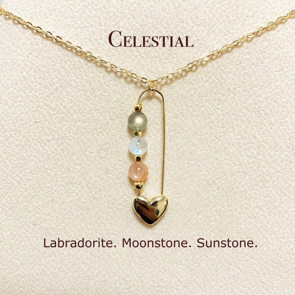 Labradorite, Moonstone, Sunstone Necklace, Dainty Heart Safety Pin, Pendant Necklace, Sun Moon Star, 18K Gold Filled Crystal Jewelry, #LMS01