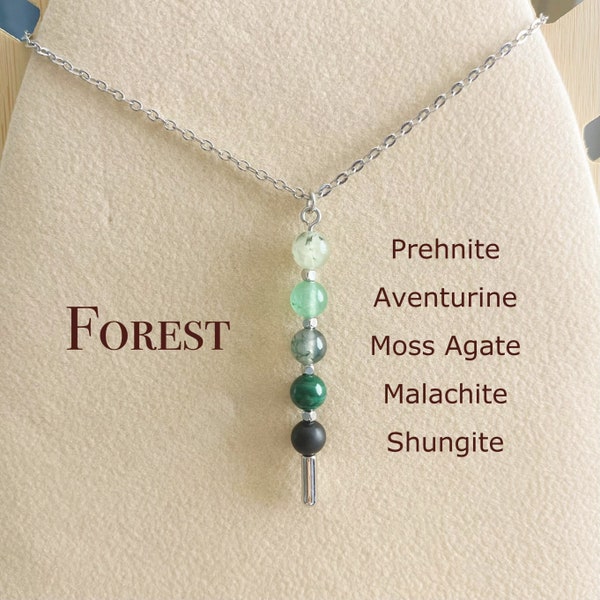 Forest Green Necklace, Woodland Jewelry, Prehnite, Aventurine, Moss Agate, Malachite, Shungite, Dainty Pin With Crystal Beads, Gift#FR01