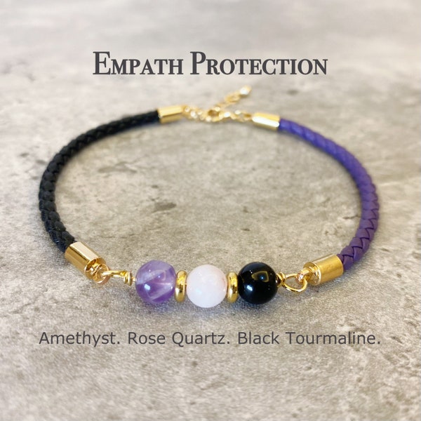 Handmade Empath Protection Bracelet, Black Tourmaline, Rose Quartz, Dream Amethyst, Leather Cord, Energy Protection Crystal Bracelet-BEP01